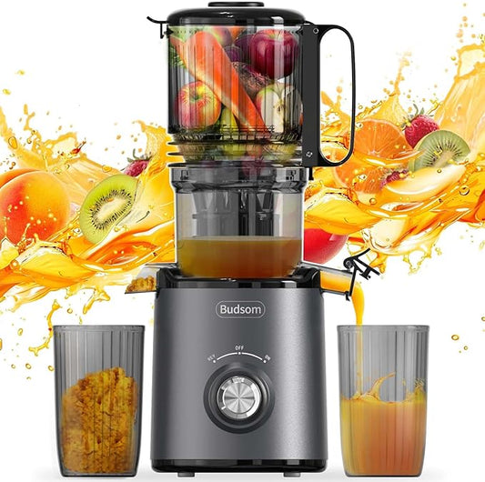 Budsom Cold Press Juicer Machine: 300W Slow Masticating Juicer for Whole Fruits & Vegetables, 5.3" Wide Feed Chute, High Juice Yield, Easy to Clean, Quiet 55 RPM, Juice Extractor for Home & Kitchen