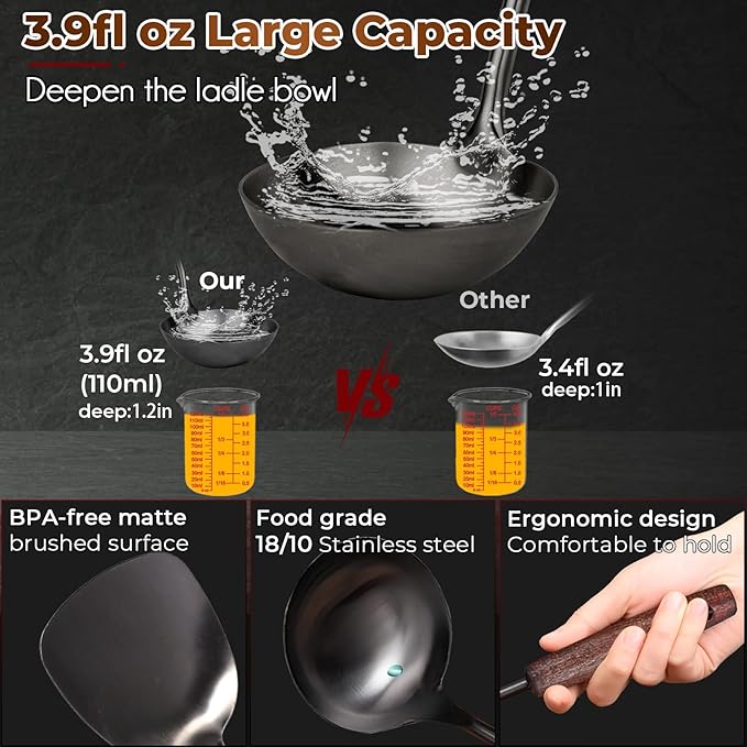 MARTE 18/10 Stainless Steel Cooking Utensil Set with Holder - 5 PCS Kitchen Serving Utensils Set - Spatula,Soup Ladle,Skimmer Slotted Spoon,Turner Spatula - Black Cooking Tools - Dishwasher Safe