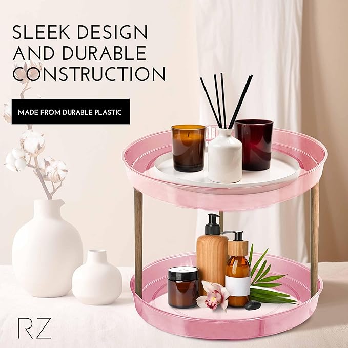 Rachel Zoe 2 Tier Lazy Susan Organizer, Wood Two Tier Lazy Susan Turntable, 360° Spin Tray Organizer, Pantry Spice Organizer for Kitchen, Rotating Bathroom Counter Organizer
