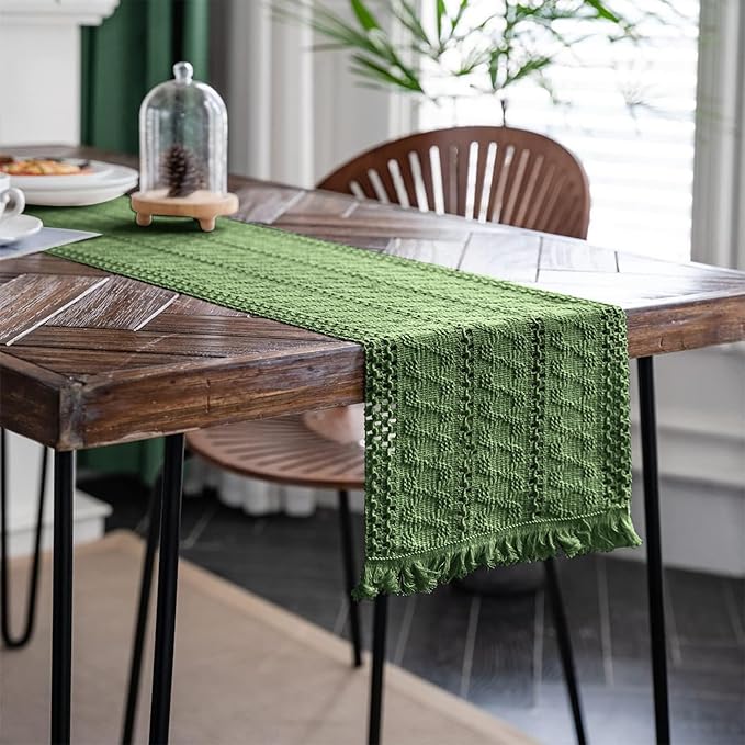 Alynsehom Macrame Table Runner Green Boho Table Runners with Tassels Hand Woven Cotton Table Runner Rustic Farmhouse Table Runners for Bohemian Kitchen Dining Table(12x36in)