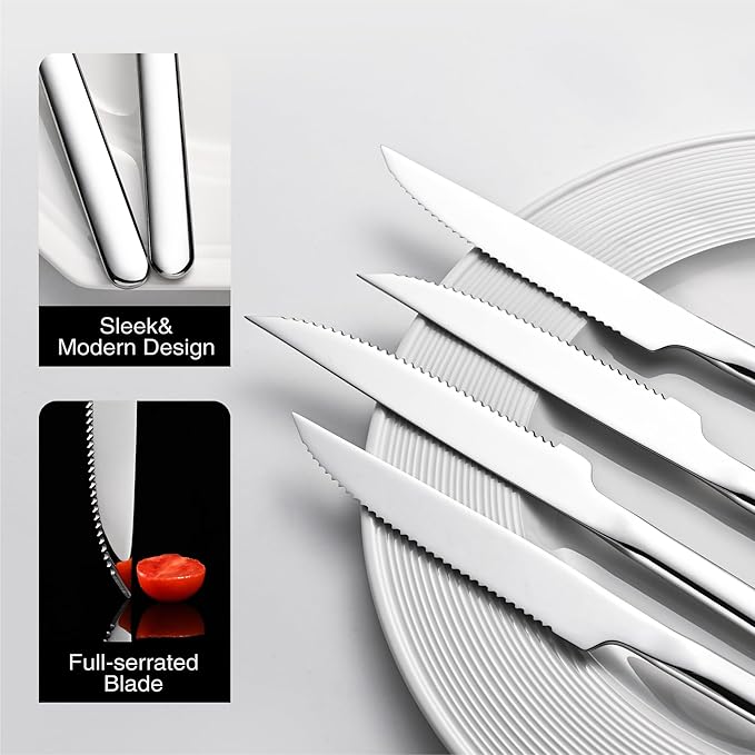 KINGSTONE Sharp Steak Knives, German Stainless Steel Steak Knife Set of 4 with Full-Serrated Blade, 9.4-Inch Sleek Design Table Knives, Mirror Polished