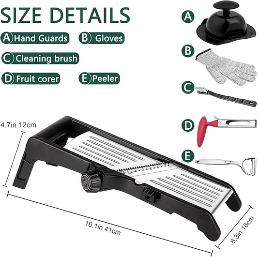 Mandoline Food Slicer for Kitchen, Adjustable Stainless Steel Mandoline Vegetable Slicer, Onion/Potato Slicer/French Fry Cutter, 6-Piece Fruit & Vegetable Cutting Set (Black/Silver)