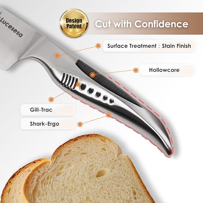 8" Bread Knife, Multifunction Serrated Bread Knife Ultra Sharp Offset, Steel Handle Shark-Inspired Ergonomic Stainless for Homemade Bread, Bagels, Sourdough, Baking & Wedding Gifts