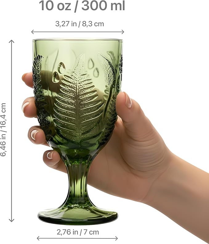 Green Glass Goblets Set of 4, 10 oz Stemmed Wine Glasses, Hand-Pressed Vintage Glassware, Fern Embossed Colored Stemware, Boho Aesthetic Textured Drinkware, Retro Home Decor Gift Set for Housewarming