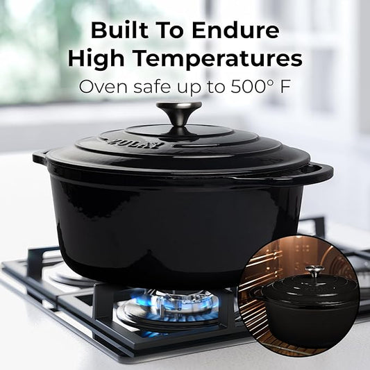 Zulay Kitchen 7.7 Quart Enameled Cast Iron Dutch Oven Pot with Lid – Premium Durability & Oven Safe up to 500°F – Heavy Duty Cookware Perfect for Bread Baking, Stews, Braising & Roasting – Black