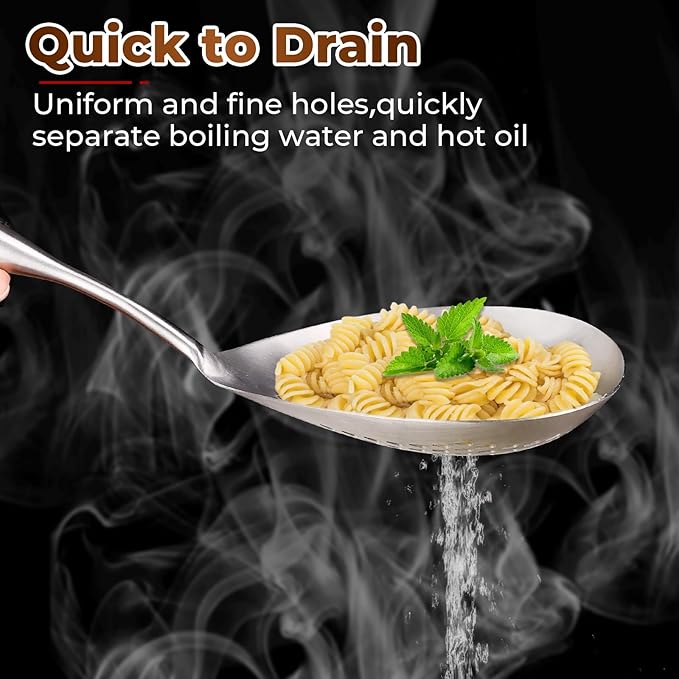 MARTE Skimmer Slotted Spoon -14.8in Pasta Strainer Skimmer Ladle Spoon for Cooking and Frying - Kitchen Scoop Colander Strainer Spoon with Heat Resistant Black Wooden Handle