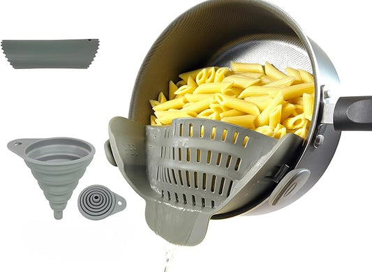 Clip on Strainer Silicone for All Pots and Pans, Colander, Pot Strainer for Pasta, Meat, Vegetables, Space Saving Design, Food-Safe with Collapsible Funnel, Garlic Peeler, 3 Pack (Gray)