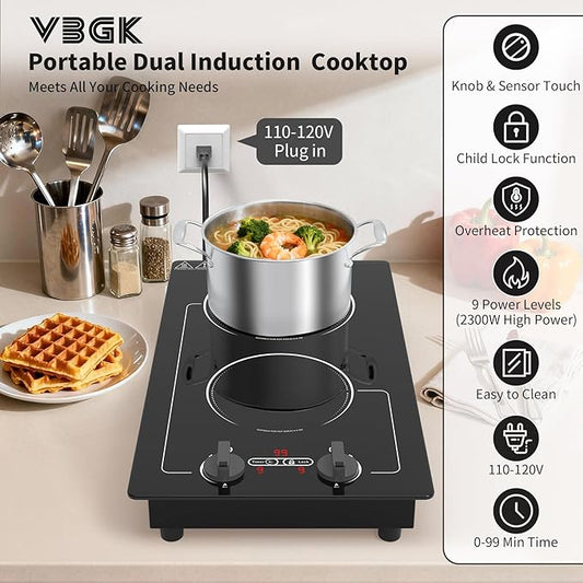 VBGK 2 burner Induction cooktop,110V 2300W double burner hot plate with LED Touch Screen, 9 Power Levels, Kids Lock & Timer, Overheat Protection, knob and touch control Double Induction Cooktop