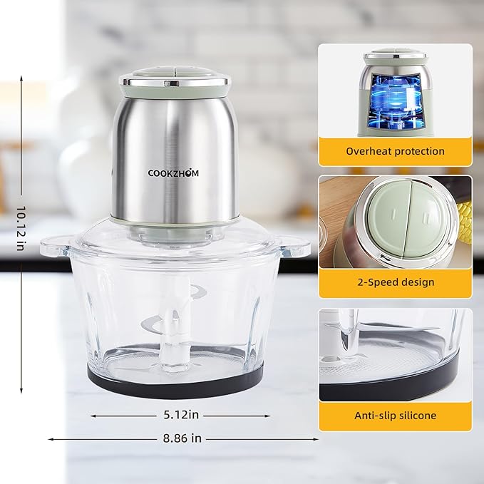 COOKZHOM Food Processor 8 Cup, 500W Electric Food Chopper,Meat Grinder with Glass Bowl and 2 Sharp Blades Set for Vegetable, Meat, Nuts, Functions for Chopping, Dicing, Mixing and Puree