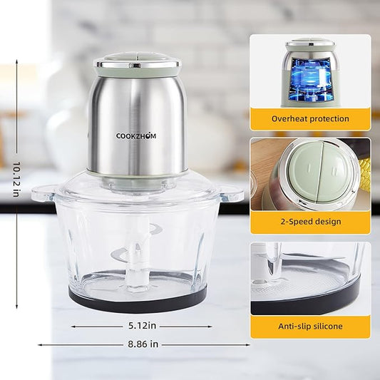 COOKZHOM Food Processor 8 Cup, 500W Electric Food Chopper,Meat Grinder with Glass Bowl and 2 Sharp Blades Set for Vegetable, Meat, Nuts, Functions for Chopping, Dicing, Mixing and Puree