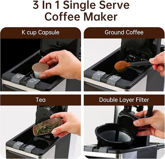 Sykaffe 3 in 1 Single Serve Coffee Machine,12-Cup Programmable Coffee Machine,Compatible with Kcup Pods,Ground Coffee,Coffee Pods, Iced Tea, Iced Coffee Function,Black