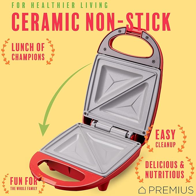 Ceramic NonStick Mini Snack Sandwich Maker, Indicator Light, 5x4.4 Inch Mold, Great for French Toast, Tuna Melt, Egg & Grilled Cheese, Pancake Sandwich, Desserts, Toasties, 520 W (Red)