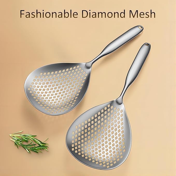 GREATLINK Large Stainless Steel Strainer with Comfort Handle and Hanging Holes,Food Grade Filter Spoon Solid Stainless Steel Strainer Skimmer Ladle for Kitchen Cooking Frying Pasta Strainer Spoon
