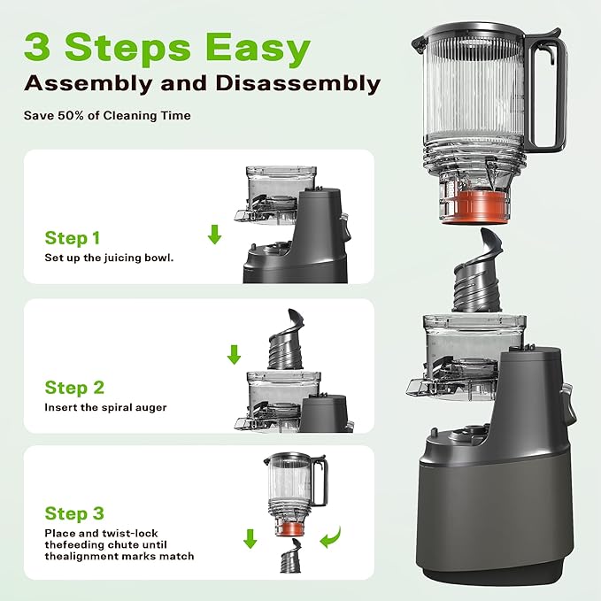 Cold Press Juicer, Juicer Machines with 5.3" Wide Feed Chute, Slow Masticating Juicer for High Yield with Whole Fruits and Vegetables, Easy to Clean, Easy to Assemble.（Gray)