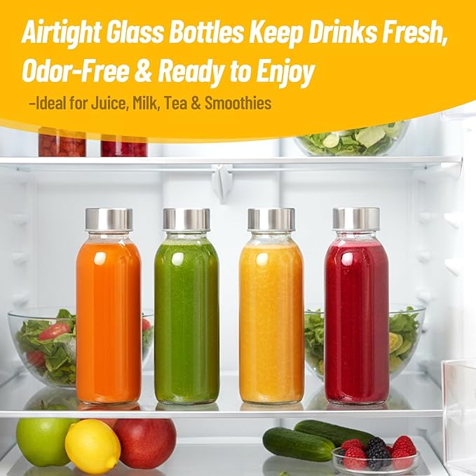 10 oz Clear Glass Bottle with Lid, Reusable Glass Water Bottles with Stainless Steel Cap & Straws for Juicing, Milk, Ginger & Smoothies, Refrigerator, Leak-Proof, Juice Containers Set of 16