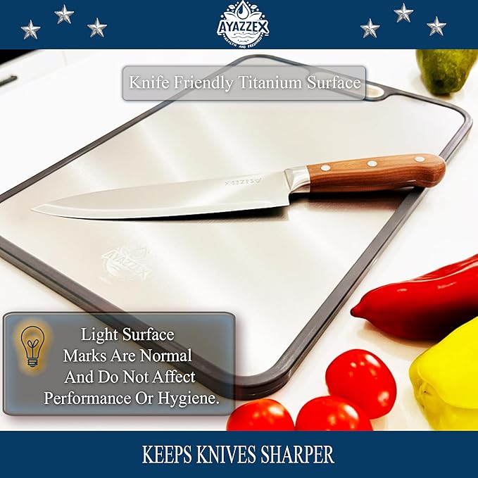 AYAZZEX Titanium Cutting Boards for Kitchen – Double-Sided Food Grade Cutting Board – 99.9% Titanium & Wheat Straw PP (15”×9”) Large Size & Ultra Durable, Easy to Clean - Includes Sponge & Pad & Hook
