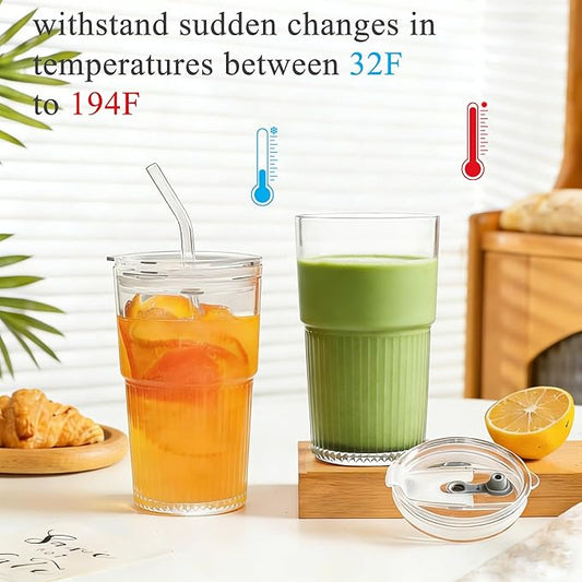 Ribbed 16 oz Glass Tumbler with Lids and Straws Ribbed Drinking Glasses Cup Leak Proof Iced Coffee Glass Set of 4 for Soda Smoothie Juice