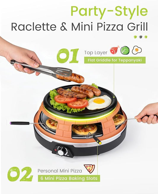 Saenchue Multifunction Raclette Grill & Mini Pizza Oven, 1200W Electric Pizza Oven with Flat Griddle Top, Indoor Grill with 6 Mini Pizza Baking Slots, Temperature Control, Personal Pizza Maker, PM-01