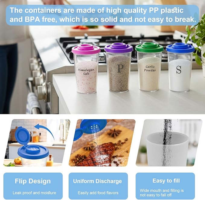Plastic Salt and Pepper Shakers Set with 4 Color Lids & 20 Labels – Clear Spice Jars, Reusable, Refillable Seasoning Containers for Kitchen, Cooking, Baking – Easy Storage & Organization