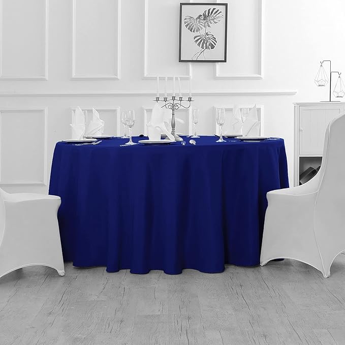 Fokitut 2 Pack Waterproof Round Tablecloth, 132 Inch, Stain Resistant and Wrinkle Polyester Table Cloth, Fabric Table Cover for Kitchen Dining, Wedding, Party, Holiday Dinner-Royal Blue