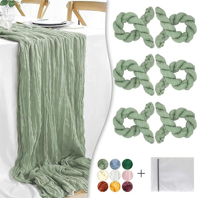 Sage Green Cheesecloth Table Runner, 6 Pack 35" Boho Gauze Runner 120 inches Long Sheer Rustic Table Runner Fabric Bulk for Baby Shower Wedding Bridal Birthday Party Table Decorations