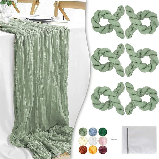 Sage Green Cheesecloth Table Runner, 6 Pack 35" Boho Gauze Runner 120 inches Long Sheer Rustic Table Runner Fabric Bulk for Baby Shower Wedding Bridal Birthday Party Table Decorations