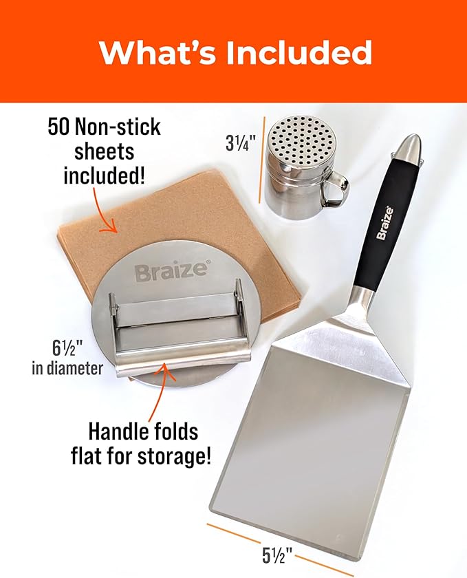 Smash Burger Press Kit – 6.5 Inch Stainless Steel Hamburger Smasher Tool – Heavy Duty Grill Press for Flat Top Griddles and Cast Iron Pans – Perfect for Crispy Smashed Burger Patty – Shaker Set