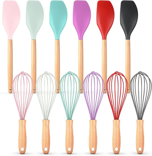 24 Pcs Small Silicone Whisks and Spatulas with Wooden Handle for Cooking 10 Inch Mini Whisk Spatula Non Stick Kitchen Baking Essentials Cookware for Valentines Day Party Favor Gift Supplies