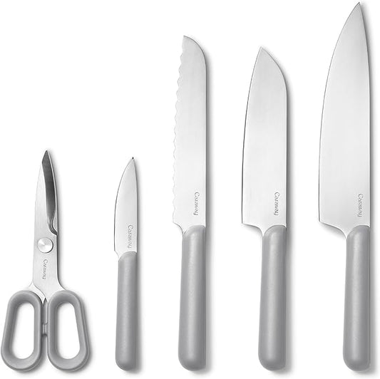 Caraway 5 Piece Knife Set - Premium German Steel Blade Kitchen Knives - Ergonomic Handles - No Microplastics - Gray