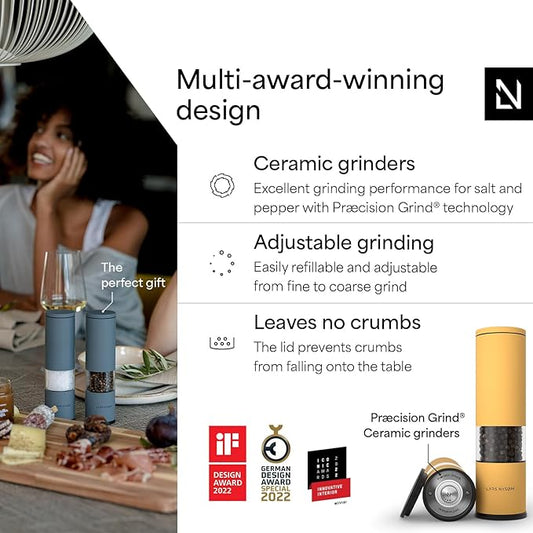 LARS NYSØM Salt and Pepper Grinder Set Manual, Stainless Steel Salt and Pepper Mills with Adjustable Ceramic Grinder I Design Spice Shakers (Mustard Yellow)