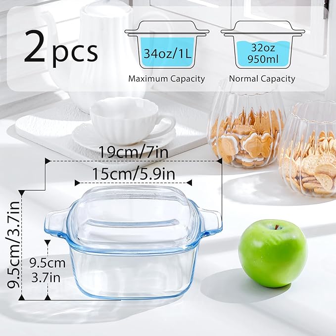 NUTRIUPS 2-Pack Square Glass Casserole Dish with Lid, 1L Mini Glass Casserole Cookware for Oven, Single-Serve Deepened Baking Dish