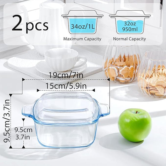 NUTRIUPS 2-Pack Square Glass Casserole Dish with Lid, 1L Mini Glass Casserole Cookware for Oven, Single-Serve Deepened Baking Dish