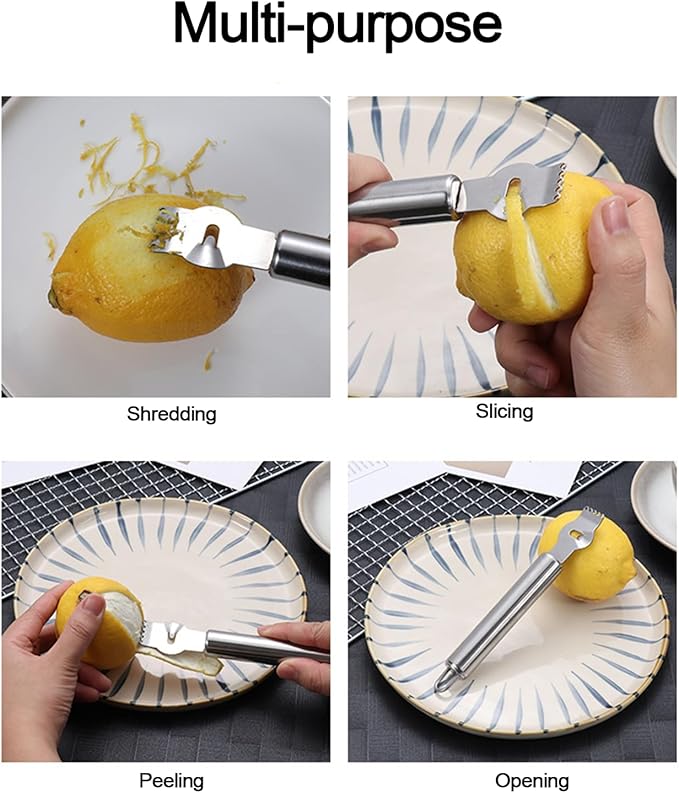 Lemon Zester Stainless Steel, 2-In-1 Citrus Skin Scraper & Lemon Channel Knife, Orange Peeler, Grater, Zesting, Rind Remover Tool with Hanging Hook