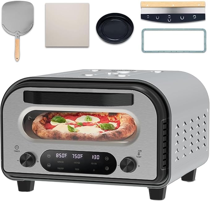 QERPRE Electric Pizza Oven Indoor 1700W Countertop Pizza Maker Fast Heating up to 850°F Touchscreen 6 Preset Modes Adjustable Timer & Temp Knobs Used for Commercial & Home Kitchen in Silver