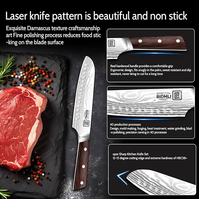 17-Piece Knife Block Set BIDMLI- Black Sharpener & Chicken bone Shears, high carbon stainless steel blades, Ergonomic Hardwood Handle,for Home, Restaurant, Professional