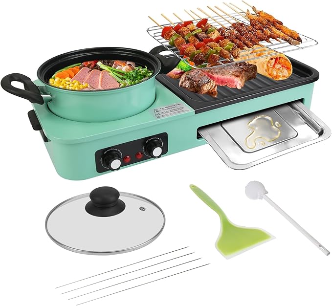 3-in-1 Electric Hot Pot with Grill & Fry Pan Combo - 1600W Fast Even Heating Non-stick Smokeless Indoor BBQ Grill - Easy to Clean - Dishwasher Safe - for 3-5 People