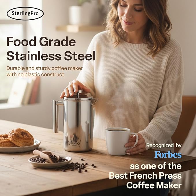 SterlingPro Stainless Steel French Press Coffee Maker Large 1.5 L(51 oz) Mirror – Durable Double Walled Insulated Coffee Press Keeps Drinks Hot, Easy to Use and Clean Stylish Design for Rich Flavor