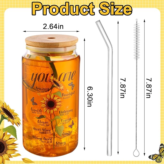 Lallisa Christian Sunflower Gifts for Women 15 oz Iced Coffee Glass Cups with Bamboo Lid and Straw Inspirational Bible Verse Can Cups Religious Sunflower Drinking Jars for Beer Mom Her Friend Wife