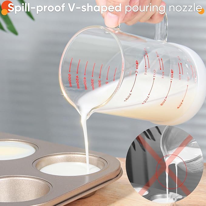 77L 2 Cup Glass Measuring Cup with Handle, High Borosilicate Glass Measuring Cup with V-Shaped and Three Scales (Cup, OZ, ML), Glass Liquid Beaker with Silicone Base, Double-Sided Measure Scales