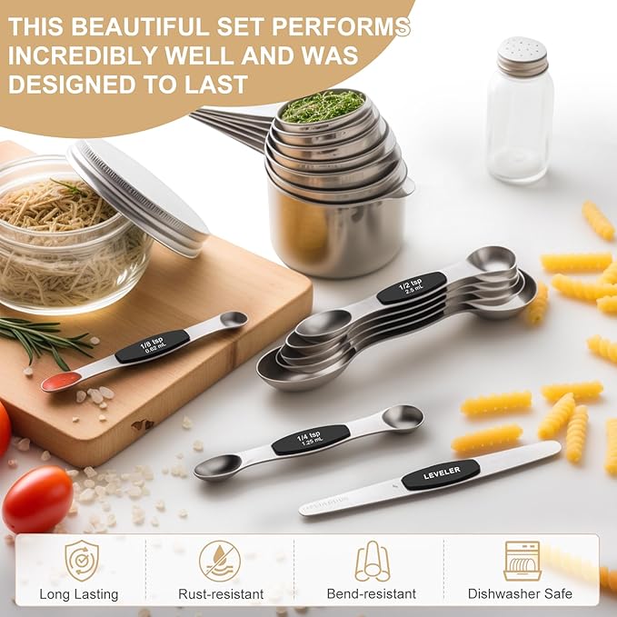 Stainless Steel Measuring Cups & Spoons Set, EWFEN Kitchen Tools Nesting Measuring Cups and Spoons, Set of 15 with Leveler, Black