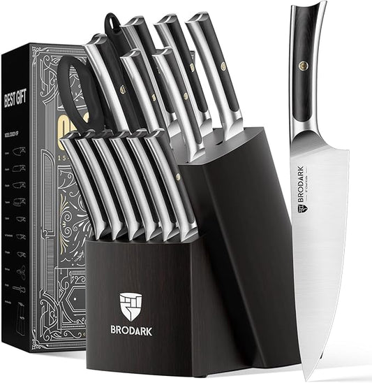 BRODARK Knife Set 15 PCS, Chef Knife Set with Block and Sharpener, High Carbon Stainless Steel Knife Block Set, Ergonomic Pakkawood Handle for Kitchen Cooking