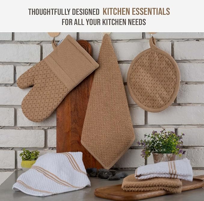 LANE LINEN 16 Piece Dish Cloths Set - 100% Cotton, Heat Resistant Mittens and Pot Holder Set, Reusable Dish Rags for Washing, Absorbent Towels for Kitchen Drying - Beige