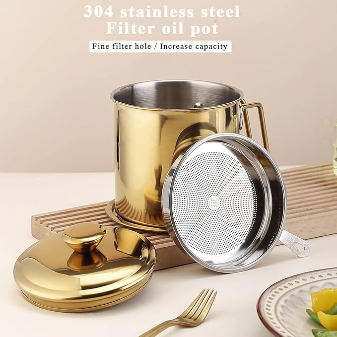 Berglander Gold Bacon Grease Container With Strainer 47oz/1.4L, Titanium Golden Plating Stainless Steel Oil Storage Container with Fine Mesh Strainer Dust-proof for Storing Frying Oil and Cooking Fat