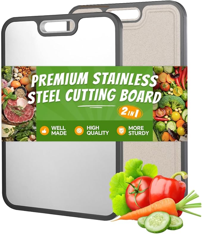 A premium Stainless Steel Cutting Board Ideal for Women and The Elderly, Metal Cutting Board 15"x10", Double-Sided Steel Chopping Board, Hygienic Non-Slip, Easy Clean Wheat Straw PP