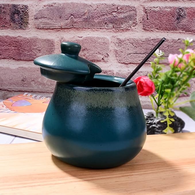 Green Ceramic Sugar Bowls with Spoon Porcelain Salt Container with Lid for Home and Kitchen