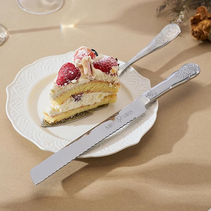 AW Bridal Silver Cake Cutting Set for Wedding, Stainless Steel Engraved Wedding Cake Knife Pie Server Gifts for Bridal Shower Engagement, Silver
