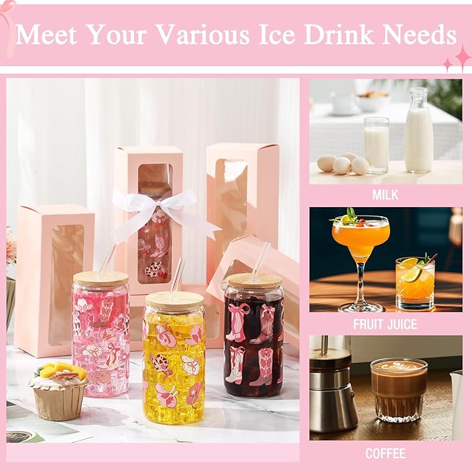 6 Pcs Coquette Bow Aesthetic Cup with Gift Box 16 oz Cowgirl Pink Bow Glass Cup with Lid and Straw Iced Coffee Tumbler Cowgirl Gifts Drinking Jar for Women Friend Sister Girlfriend