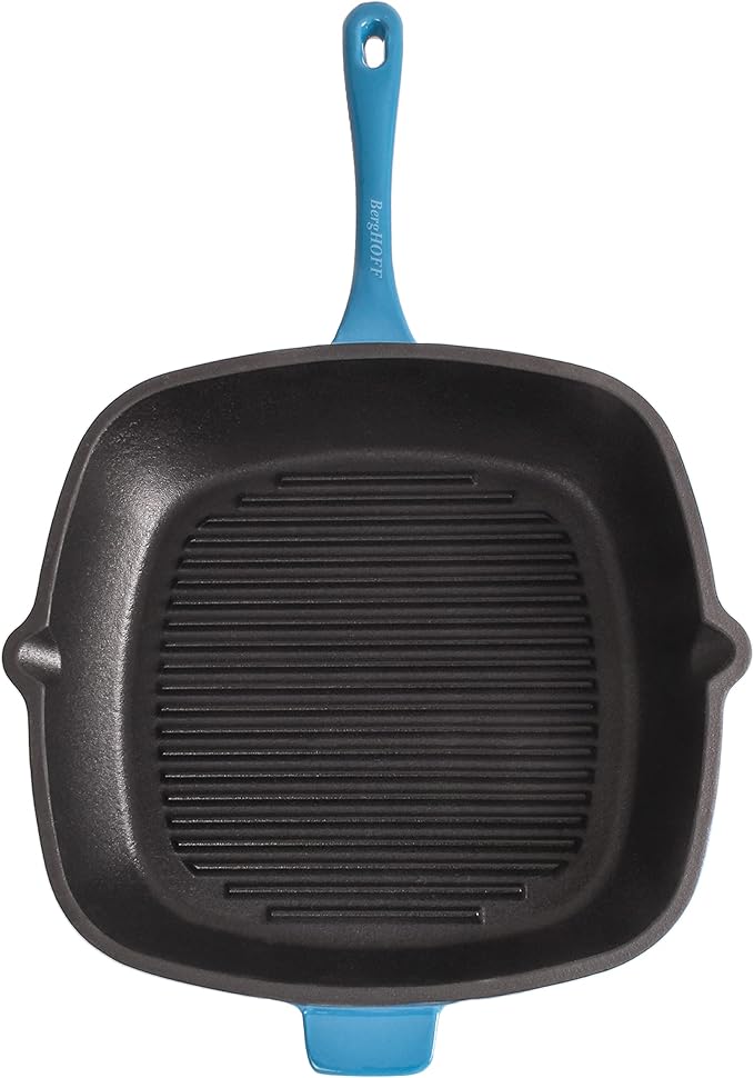 Berghoff Neo 2Pc Enameled Cast Iron Grill Set, Grill Pan 11 inches, Bacon/Steak Press 8 inches, Fast, Evenly Heat, Oven safe (Blue)