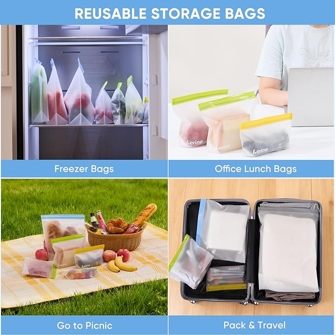Lerine 6 Pack Reusable Freezer Bags 2 Gallon Stand-Up Dishwasher Safe, BPA-Free Reusable Gallon Bags, Leakproof Food Storage Bags for Meat Vegetables Bread Travel (Gray)