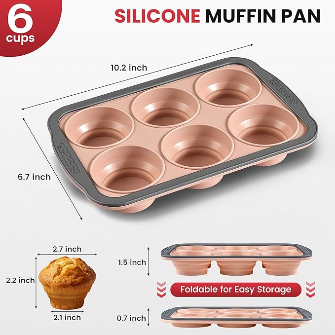 HE-SANQI Silicone Muffin Pan - 6 Cups Regular Size Cupcake Pan Egg Bite Molds Muffin Pans for Baking - Nonstick, Easy to Pop, Bakeware for Oven Dishwasher Safe, BPA Free (6-Cups Pink)